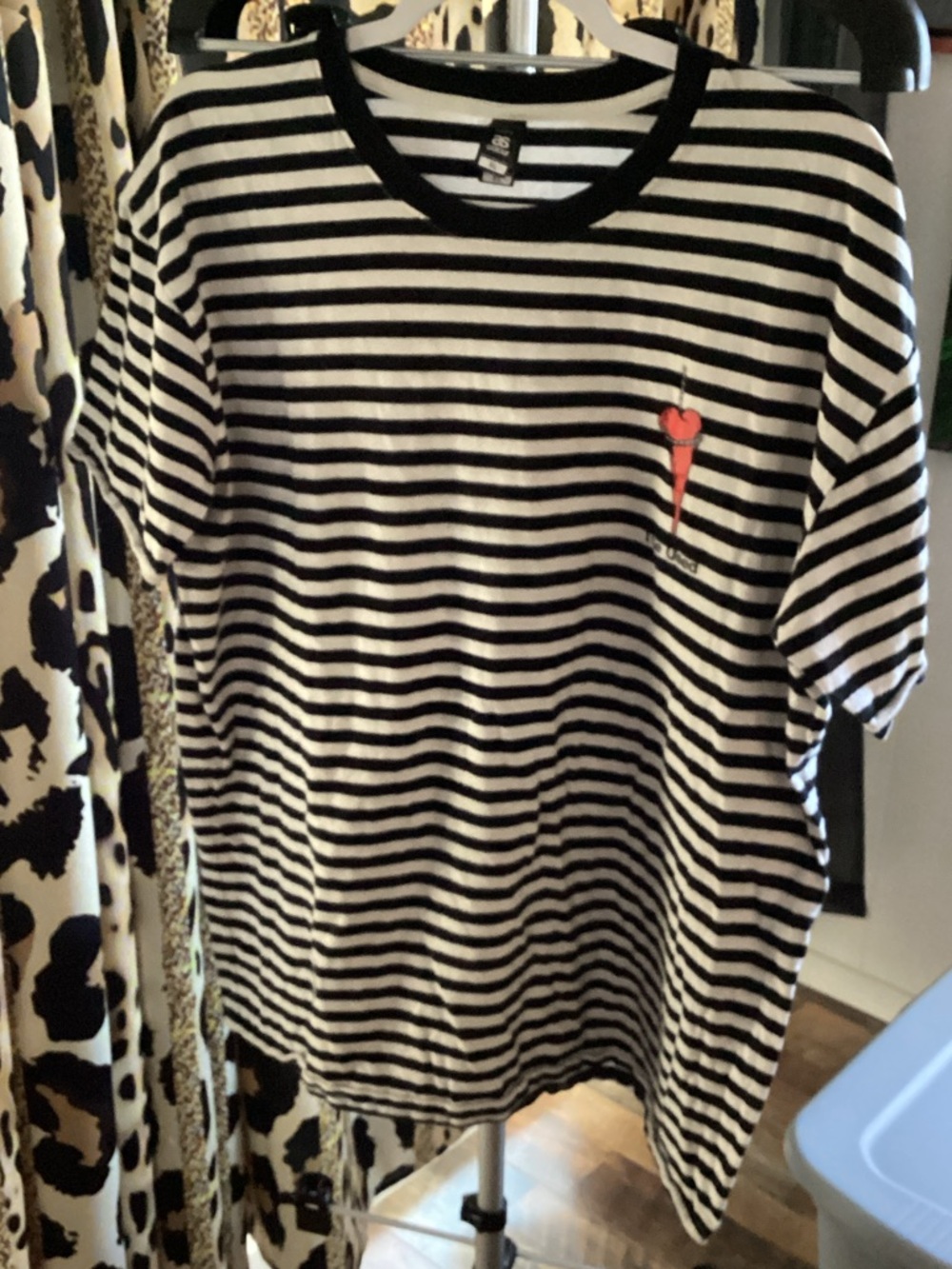 “The USED” Striped Short Sleeve Tee with Embroidered Logo & Heart Pin Detail -